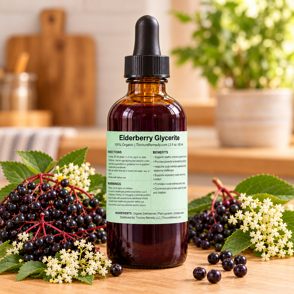 Elderberry Glycerite lifestyle shot, square crop